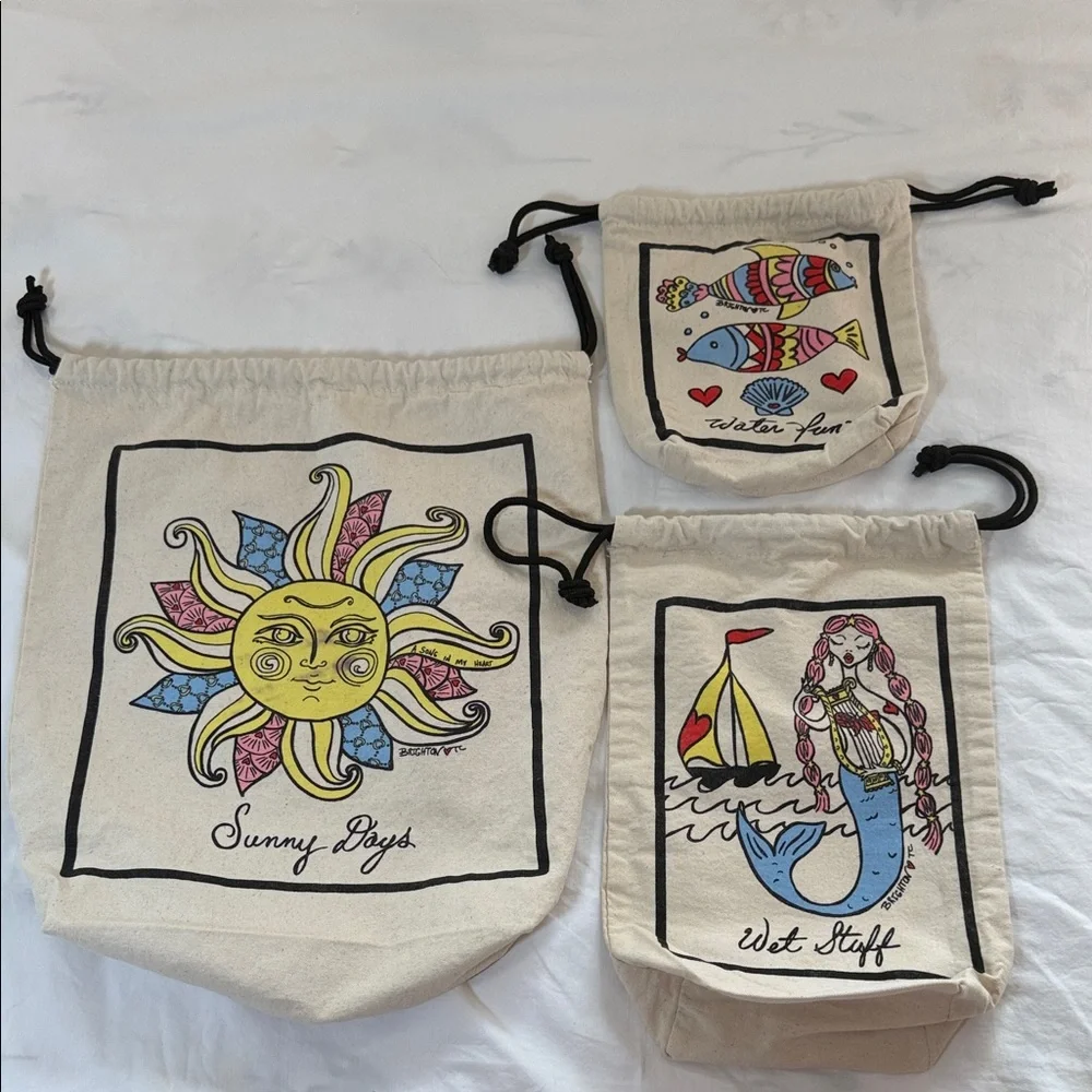 Sunny Days Canvas Drawstring Pouches - Sun, Mermaid, Fish